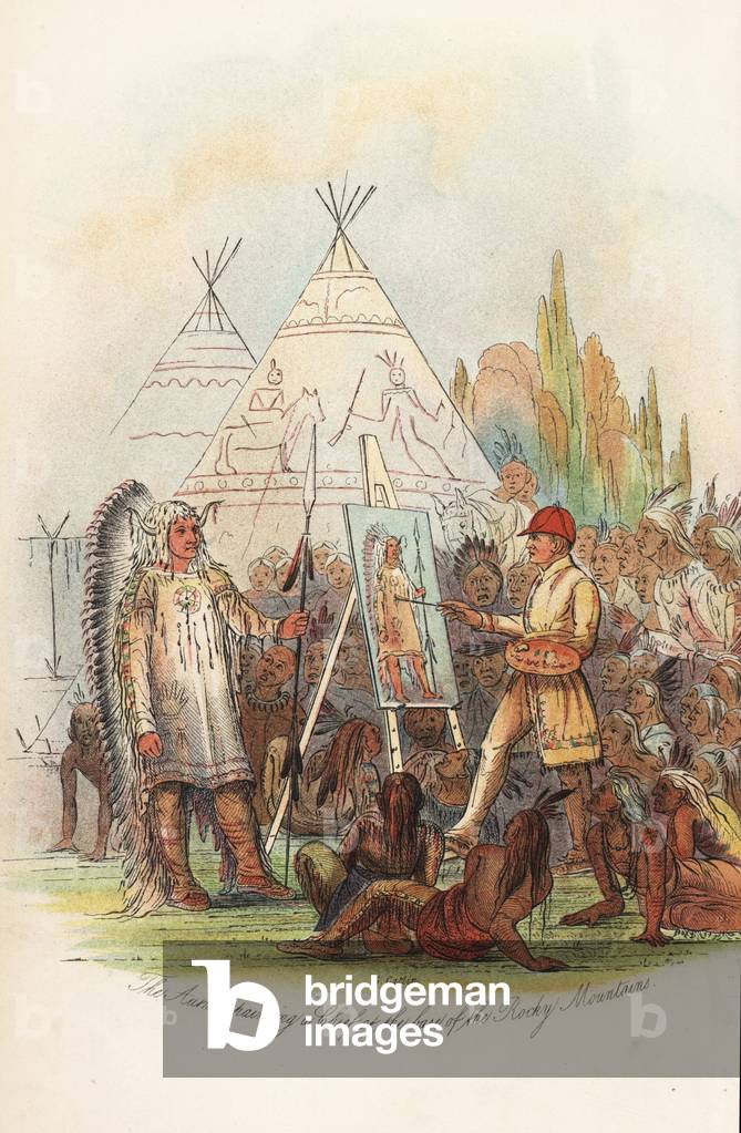George Catlin painting a portrait of a Native American Blackfoot chief at the base of the Rocky Mountains. Handcoloured lithograph from George Catlin's Manners, Customs and Condition of the North American Indians, London, 1841.