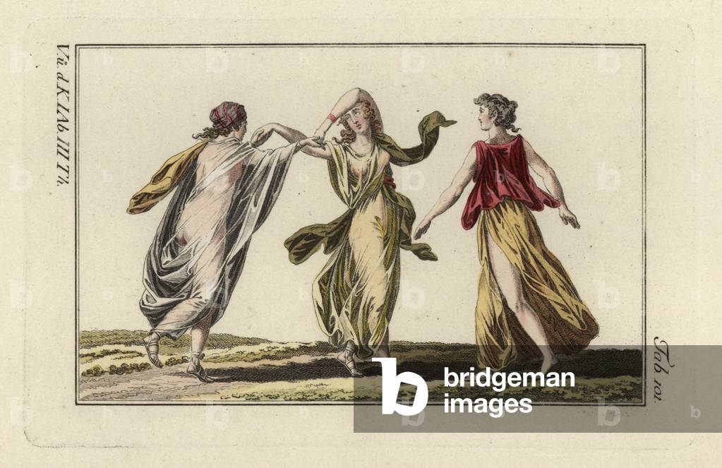 Roman dancing girls in seethrough robes. Handcolored copperplate engraving from Robert von Spalart's “” Historical Picture of the Costumes of the Principal People of Antiquity and of the Middle Ages”” (1798).