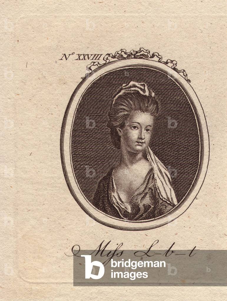 Miss Lambert, 18th century celebrity. Portrait No. 28 XXVIII. Copperplate engraving from a periodical. Beauty with her hair up and a low decollete dress. Perhaps the amateur actress from a group of strolling players pictured in “The Hibernian”” of 1781.