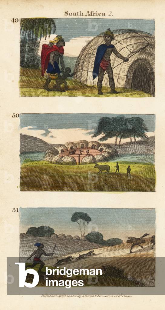 Khoikhoi people in kross sheepskin capes and aprons outside a hut 49, kraal or village of huts 50, and ostrich hunting 51