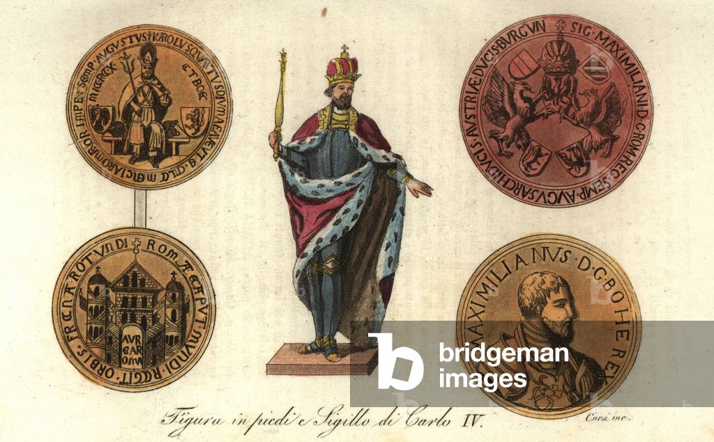 Standing figure and Golden Bull seals of HRE Charles IV (handcoloured copperplate engraving)