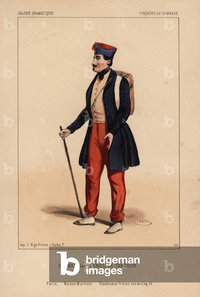 English actor Jean-Francois Delmas in Daniel le Tambour by Auvray, Theatre de Gymnasium Dramatique, 1843. Handcoloured lithograph after an illustration by Victor Dollet from Galerie Dramatique: Costumes des Theatres de Paris, Paris, 1845.