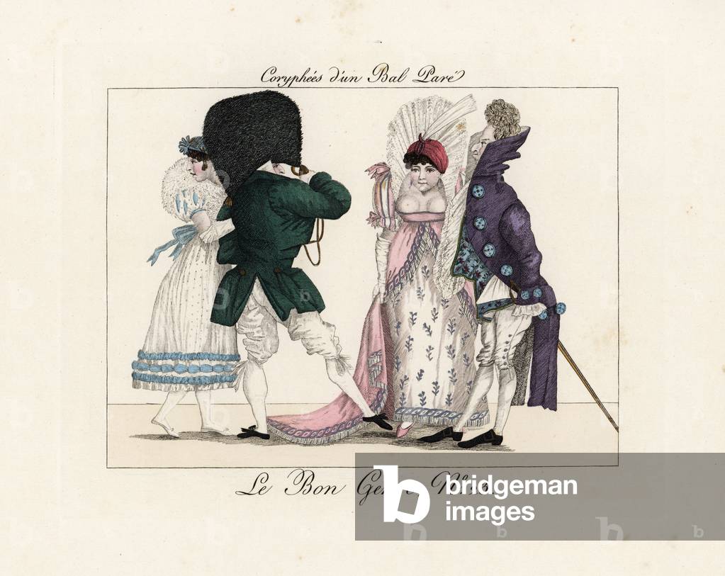 Coryphees at a ball. Incredible in jackets with outsize buttons and collars, long tie, huge bicorn hat, and merveilleuses with decollete dresses and large lace collars. (Coryphees are ballet dancers of a rank between corps du ballet and soloist.) What to say about these breeches with a thousand folds and large jackets that fall with as little grace as from a coat rack? Handcoloured engraving from Pierre de la Mesanger's Le Bon Genre, Paris, 1817.