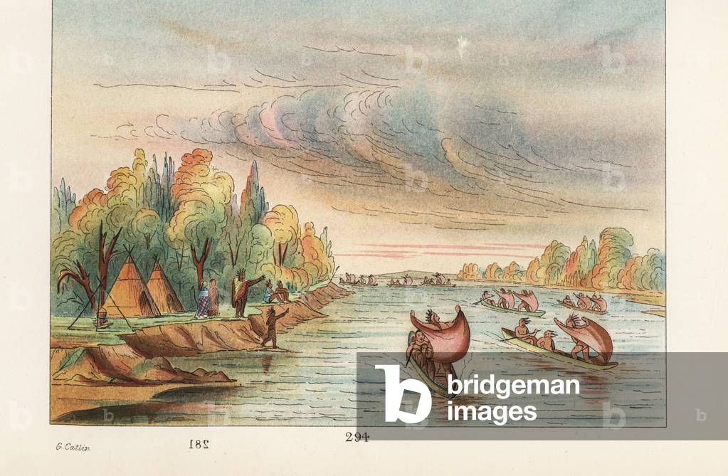 Meskwaki braves using blankets as sails as they ride in dugout canoes on the river, squaws steering with paddles. Handcoloured lithograph from George Catlin's Manners, Customs and Condition of the North American Indians, London, 1841.