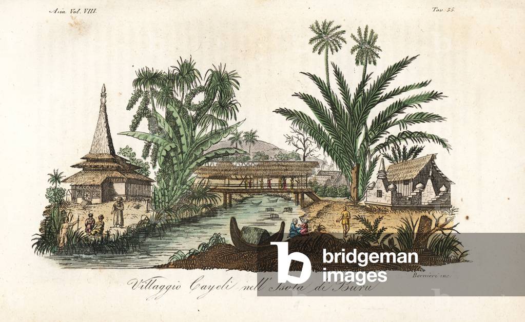 Kayeli village on Buru island, Maluku Islands, Indonesia. Handcoloured copperplate engraved by Andrea Bernieri from Giulio Ferrario's Ancient and Modern Costumes of all the Peoples of the World, Florence, Italy, 1844.