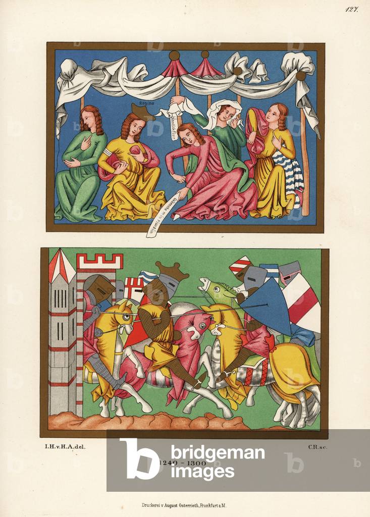 King and courtiers, battle scene, 13th century, 1889 (chromolithograph)