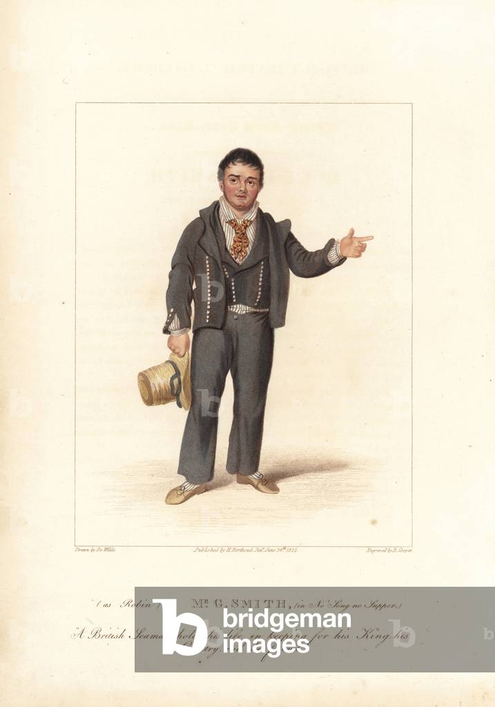 Mr. George Smith as Robin in “No Song No Supper” at the Theatre Royal Drury Lane. Handcoloured stipple copperplate engraving by Robert Cooper after a painting by Samuel de Wilde. From D. Terry's “” British Theatrical Gallery,” London, Henry Berthoud Jr., 1825.