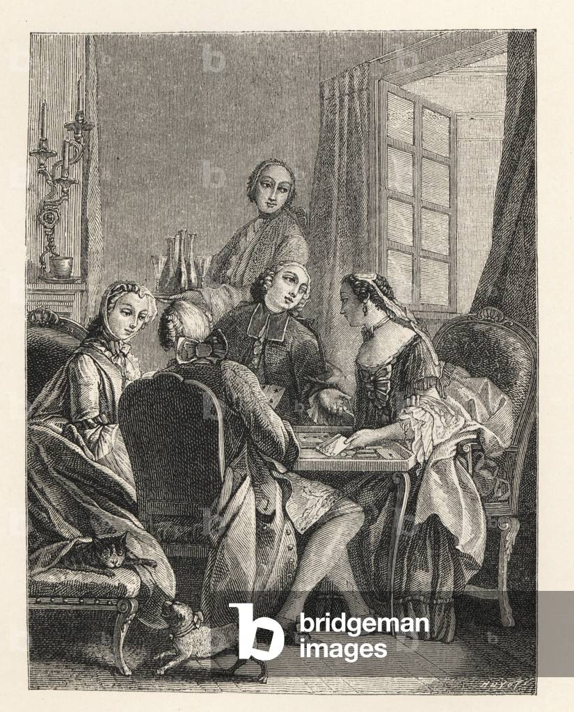 Fashionable ladies and gentlemen playing the card game Comet (named for the 1758 visit of Halley's comet) in a drawing room. A serving brings carafes of wine. Lithograph by Huyot after Charles-Dominique-Joseph Eisen from Paul Lacroix 'The Eighteenth Century: Its Institutions, Customs, and Costumes, London, 1876.