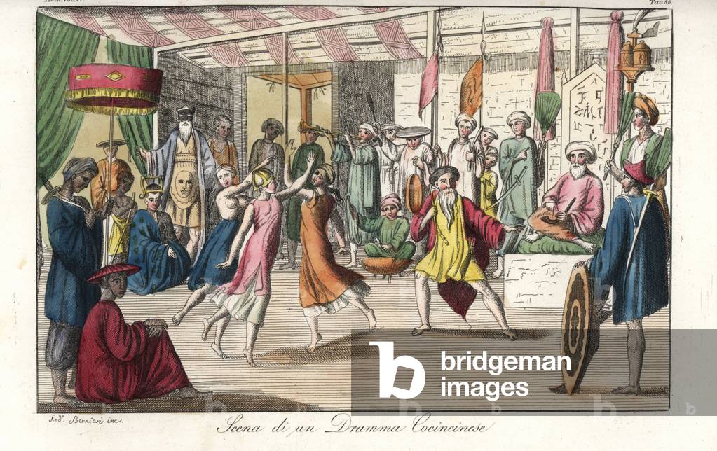 Opera performance in Cochinchina (southern Vietnam). Handcoloured copperplate engraving by Andrea Bernieri after Angelo Monticelli from Giulio Ferrario's Ancient and Modern Costumes of all the Peoples of the World, Florence, Italy, 1844.
