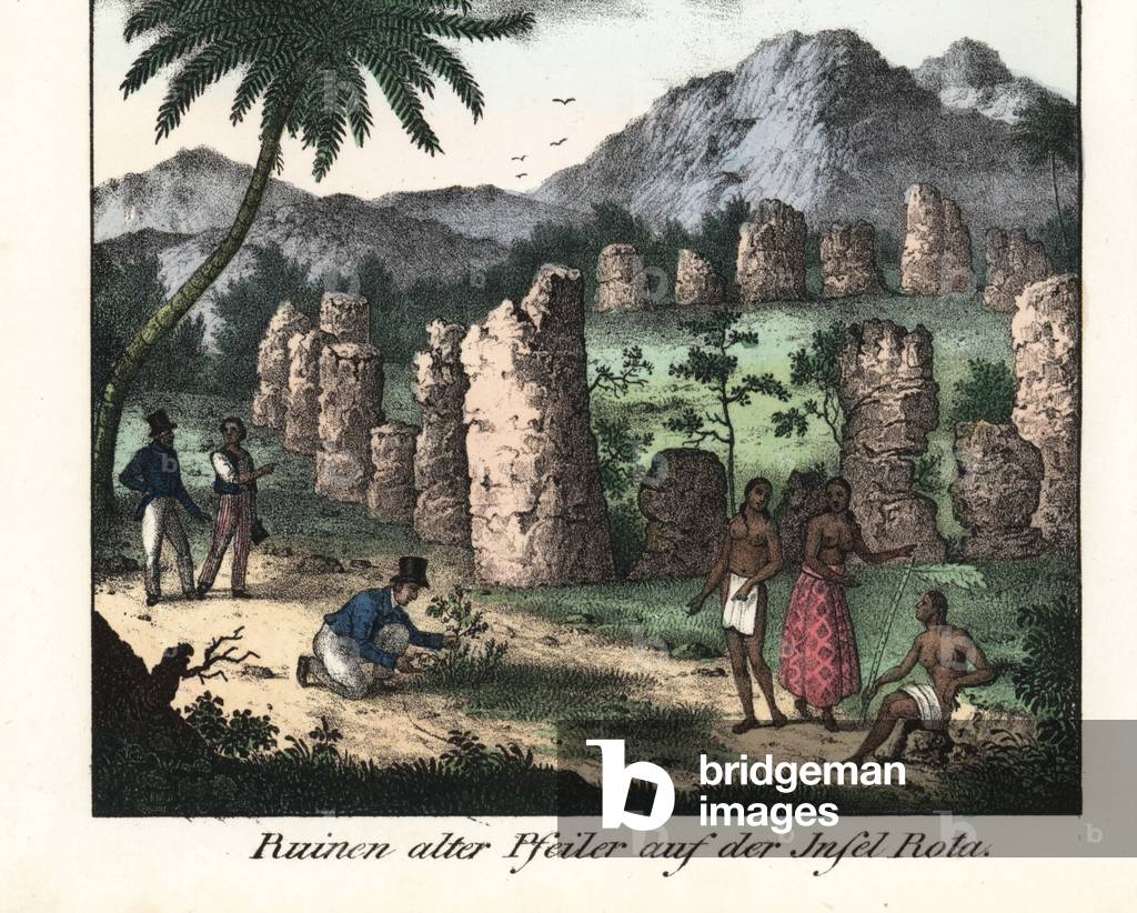 French explorers and botanist in the ruins of a chamarro site of stone pillars on Rota Island (Mariana Islands, USA). Illustration from Voyage Around the World (1824) by Louis de Freycinet (1779-1842). Lithography for the book: “” Galerie complete en tableaux fideles des peuples d'Amérique et d'Australie”” by Friedrich Wilhelm Goedsche (1785-1863), Meissen edition (Germany), 1835-1840. English explorers and botanist at the ruins of ancient Chamorro stone structures on the island of Rota, north of Guam. Handcoloured lithograph from Friedrich Wilhelm Goedsche's “” Vollstaendige Voelkergallerie in getreuen Abbildungen”” (Complete Gallery of Peoples in True Pictures), Meissen, circa 1835-1840.