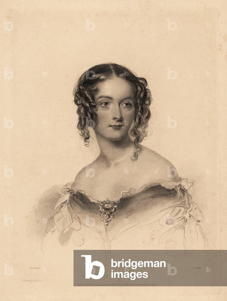 Lady Katherine Grey Egerton, 1835-1920. Hair in ringlets, wearing off-the-shoulder dress with lace and ribbons. Steel engraving by H. Hall  after an illustration by John Hayter from Charles Heath’s English Pearls, or Portraits for the Boudoir, Tilt and Bogue, London, 1843.