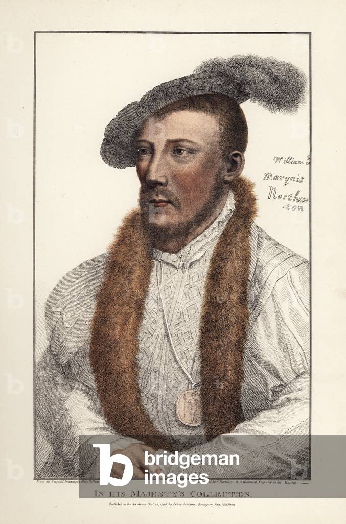 William Parr, 1st Marquess of Northampton, 1st Earl of Essex and 1st Baron Parr (1513-1571), English broker. Brother of Catherine Parr, 6th wife of Henry VIII. Handcoloured copperplate engraving by Francis Bartolozzi after Hans Holbein from Facsimiles of Original Drawings by Hans Holbein, Hamilton, Adams, London, 1884.