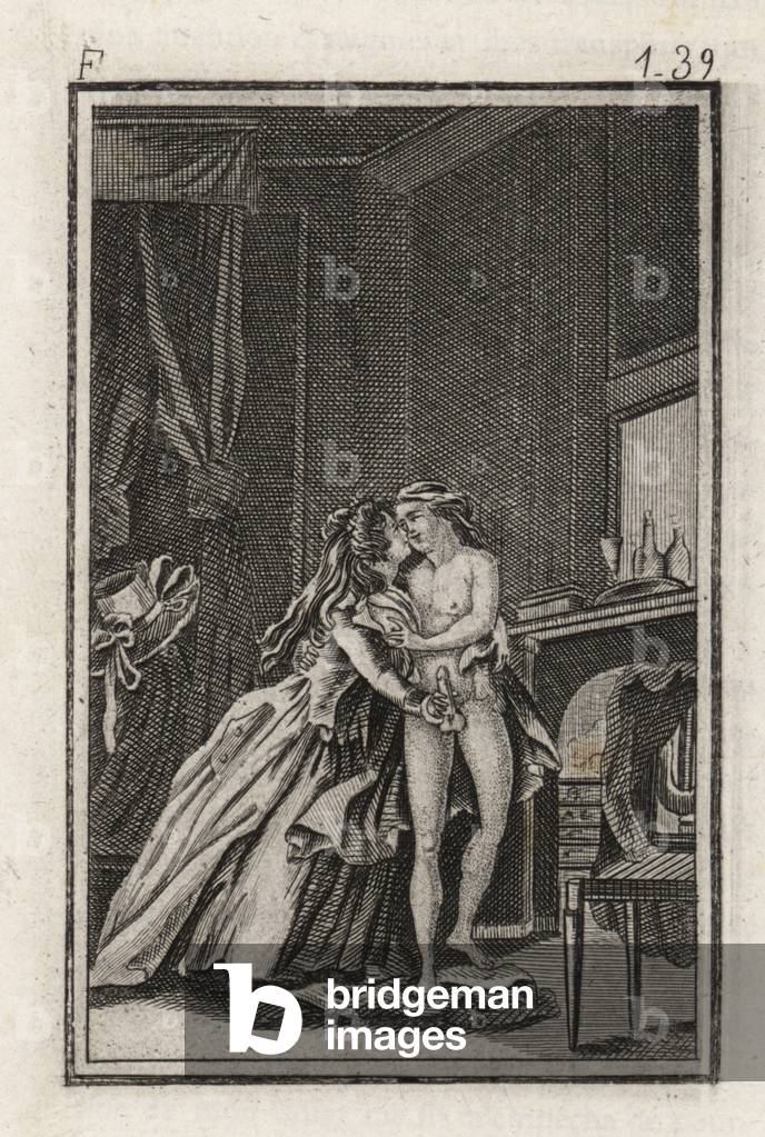 Erotic scene in a bedroom with naked man caressing a fully clothed woman, 18th century. Woodblock engraving fr