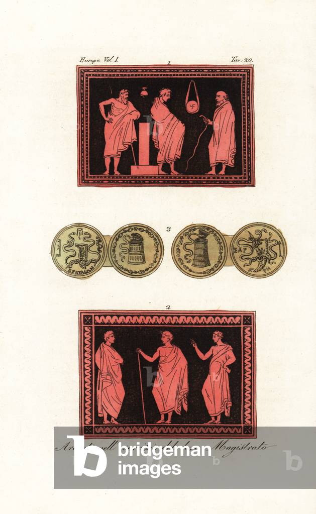 Eponymous archon or chief magistrate examining a young man 1,  and archon with two deputies 2