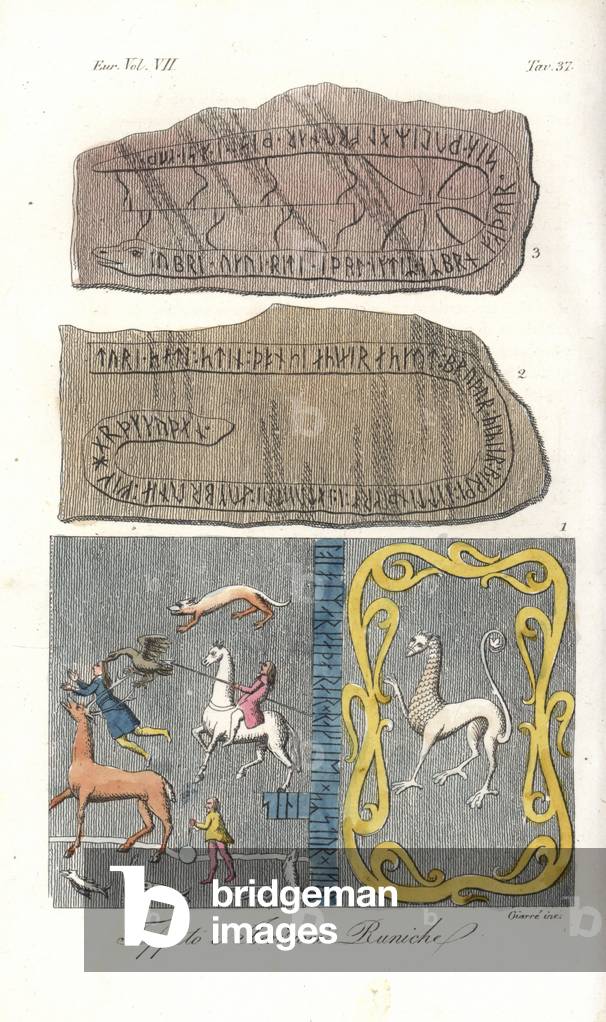 Carpet tapestry and Runic inscriptions of the Vikings. Handcoloured copperplate engraving by P. Giarre from Giulio Ferrario's Costumes Ancient and Modern of the Peoples of the World, 1847.