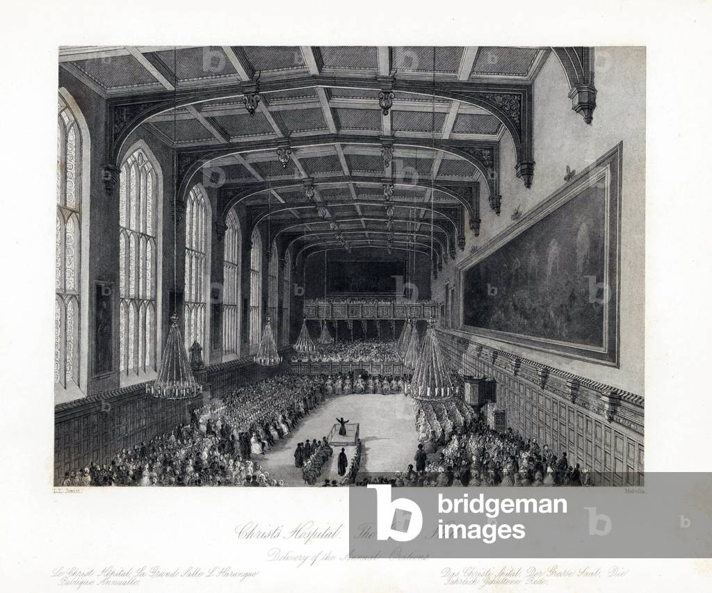 Delivery of the annual orations in the Great Hall, Christ's Hospital. Steel engraving by Henry Melville after an illustration by Llewellyn Jewitt from London Interiors, Their Costumes and Ceremonies, Joshua Mead, London, 1841.