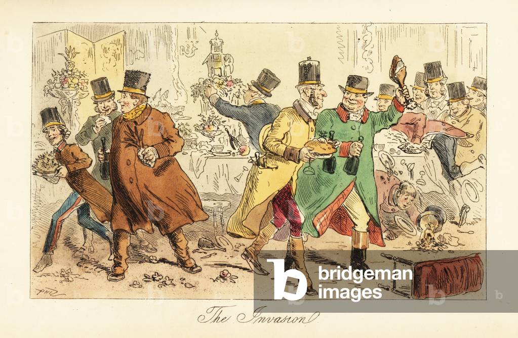 Servants, footmen and grooms in greatcoats invading the dining room, 19th century