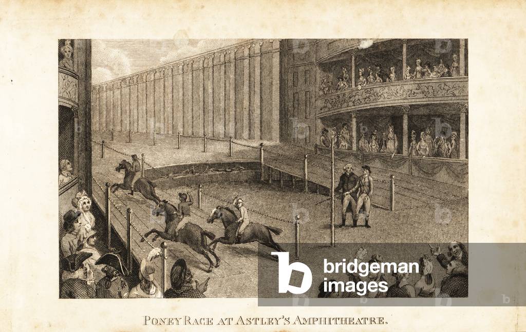Regency audience in theatre boxes and stalls watching a horse race in Astley’s Amphitheatre