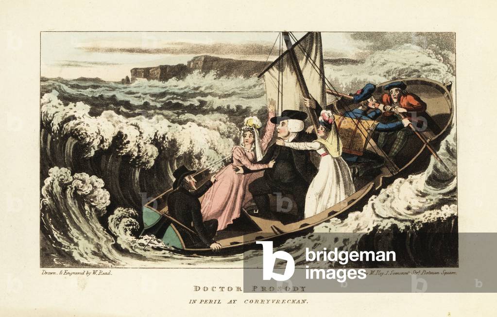 English tourists in a boat riding the whirlpool at the Strait of Corryvreckan between Jura and Scarba, Scotland