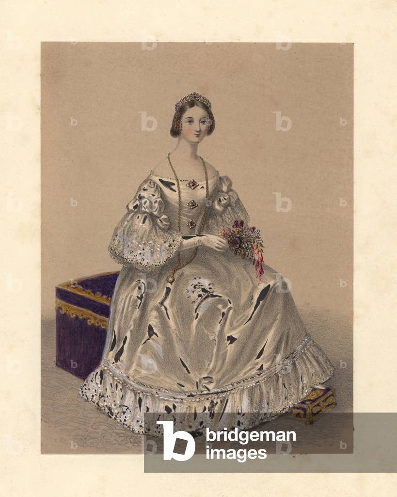 Dress (Robe) of the reign of William IV, 1830-1837. Woman in tiara with low-cut gown with puff sleeves and lace cuffs, holding a garland of flowers. Jewelry copied from actual pieces. Handcoloured lithograph from “” Costumes of British Ladies from the Time of William the First to the Reign of Queen Victoria”, London, Dickinson and Son, 1840.