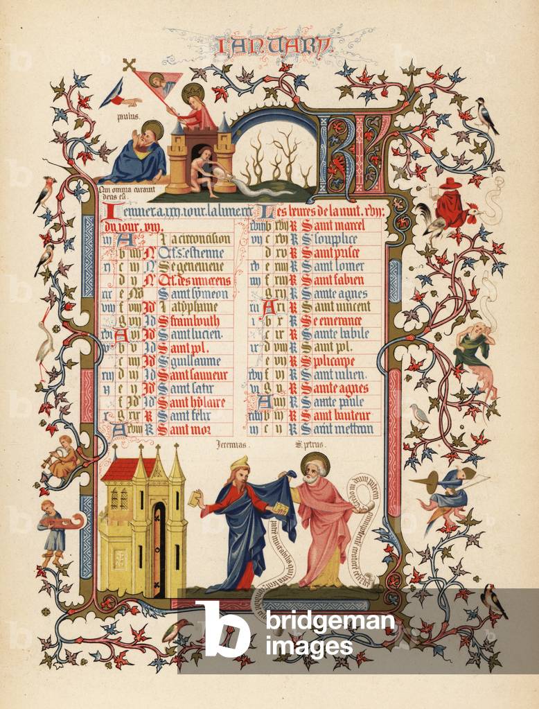 Calendar for January with figures of Jeremias and St. Petrus, quote from Paul, musicians, disciples, mythical creatures and castles. From an illuminated Book of Hours of the Duke the Anjou., 1380. Chromolithograph in colors and gilt from Henry Noel Humphreys’ The Illuminated Calendar and Home Diary for 1846, Longmon, London, 1846.