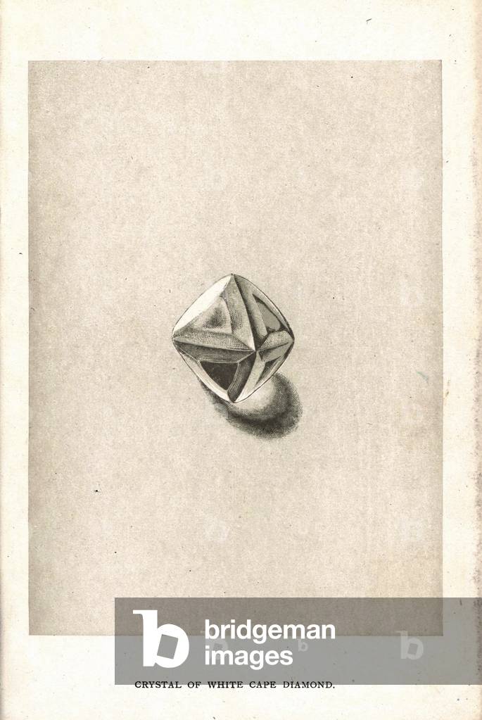 Cape white diamond crystal (South Africa). Chromolithography, in Precious Stones and Gems by Edwin Streeter, published in London, England, by George Bell and Sons, 1892.