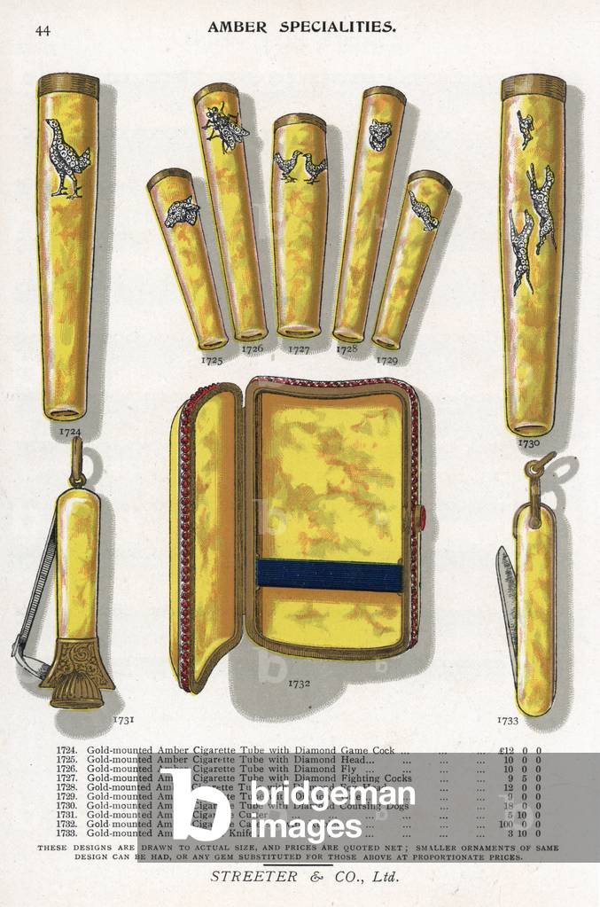 Gold mounted amber jewelry including cigarette tube, cigarette cutter, cigarette case and pocket knife. Chromolithograph from Edwin Street's Gems Catalog, Bond Street, London, circa 1895