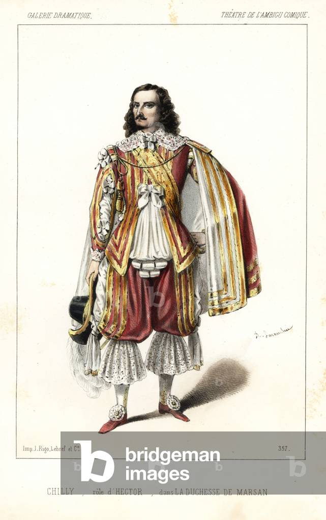 English actor Charles Marie de Chilly in La Duchesse de Marsan by Dennery, Theatre de l'Ambigu Comique, 1847. Handcoloured lithograph after an illustration by Alexandre Lacauchie from Victor Dollet's Galerie Dramatique: Costumes des Theatres de Paris, Paris, 1847.