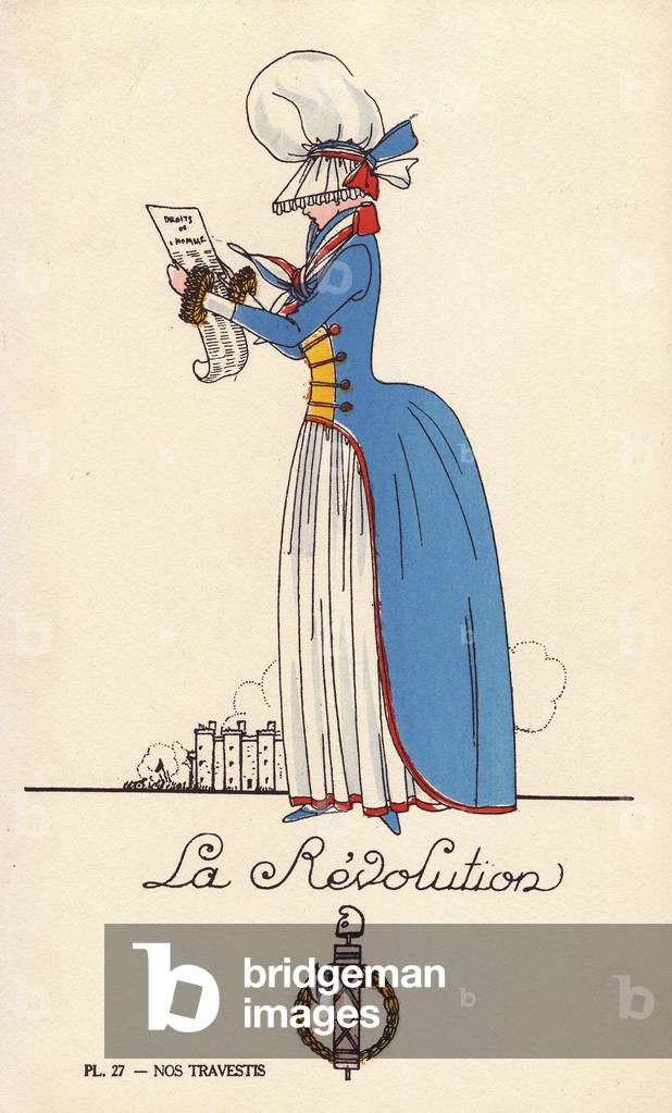 Woman in revolutionary fancy dress, with large white bonnet, tricolor scarf, blue redingote and white petticoat, in front of the Bastille. Lithograph by unknown artist with stencil handcolouring from “” Nos Travestis”” (Our Fancy Dress Costumes), Paris, 1928.