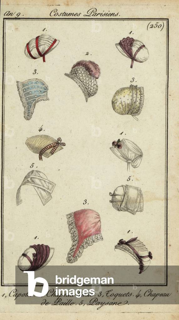 Fashionable hats of 1800 (handcoloured copperplate engraving)