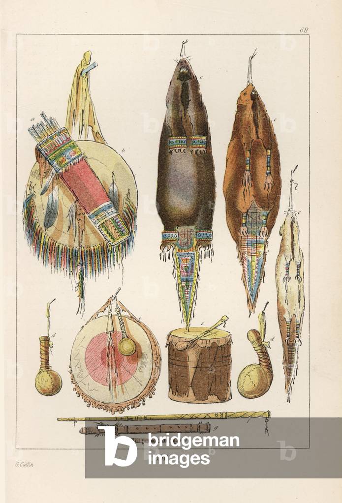 Quiver of fawn skin a, Sioux shield made of hardened buffalo neck b, tobacco pouches of beaver and otter skin c, rattle d, drum e, mystery whistle f, war whistle h, and deer skin flute or Winnebago courting flute g. Handcoloured lithograph from George Catlin's Manners, Customs and Condition of the North American Indians, London, 1841.