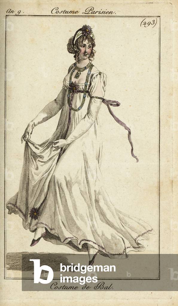 Fashionable woman dancing in a ball gown, 1801 (handcoloured copperplate engraving)