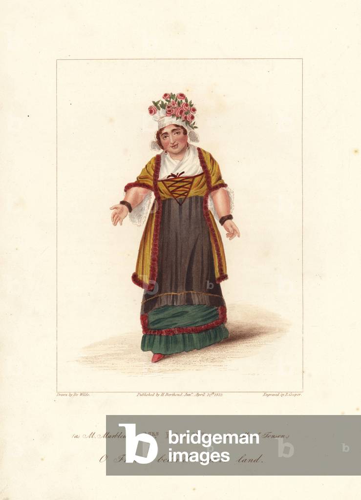 Mrs. Maria Theresa Bland, actress and singer, as Madame Marbleu in “” Monsieur Tonson””” the Theatre Royal Drury Lane. Handcoloured stipple copperplate engraving by Robert Cooper after a painting by Samuel de Wilde. From D. Terry's “” British Theatrical Gallery,” London, Henry Berthoud Jr., 1825.