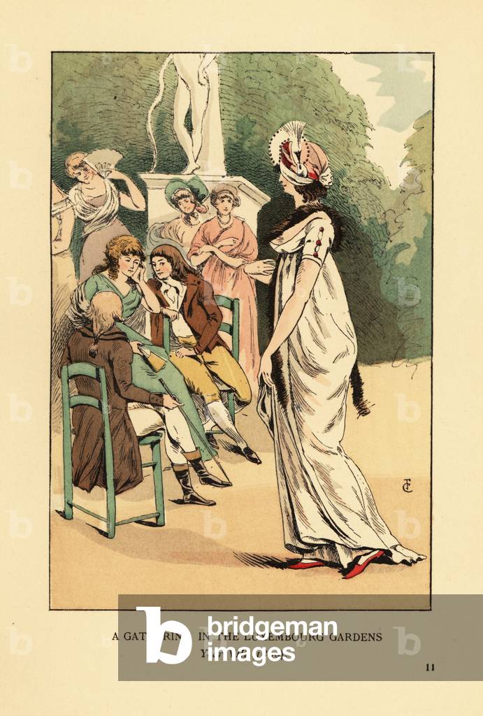 A Gathering in the Luxembourg Gardens, Year VIII, 1800. Fashionable people meeting under a statue in the Jardin du Luxembourg. Handcoloured lithograph by R.V. after an illustration by Francois Courboin from Octave Uzanne’s Fashion in Paris, William Heinemann, London, 1898.