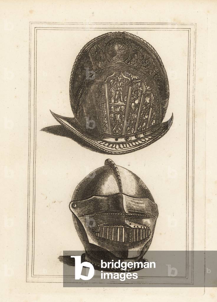 Ancient Venetian morion helmet ornamented with military trophies, and a burgonet helmet with unified visor and bever from the Tower of London