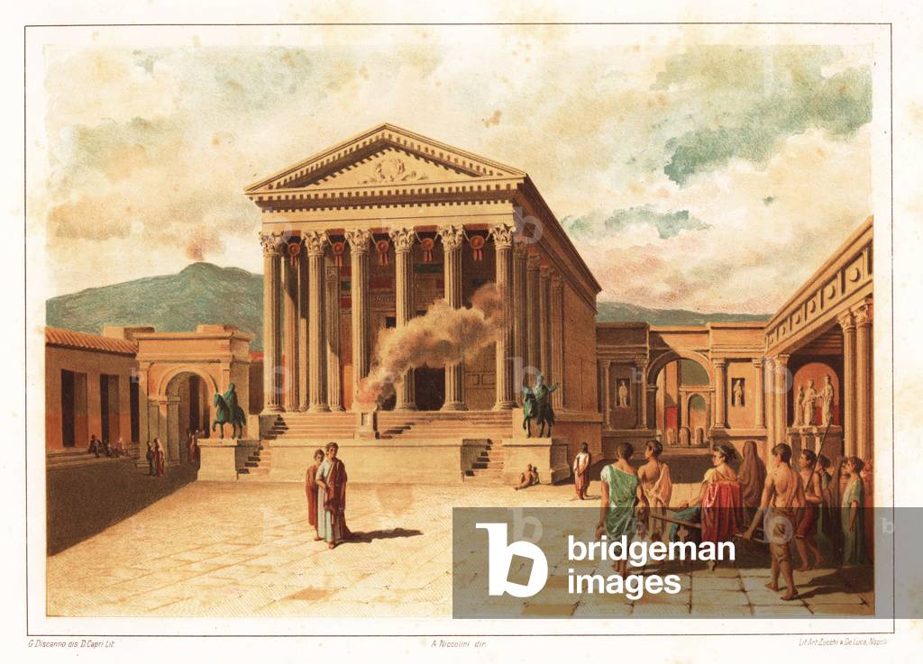 View of the Forum, Pompeii. A nobleman is carried in a sedan chair to the steps of the Forum. Chromolithograph by D. Capri after an illustration by G. Discanno from Antonio Niccoliniõs Pompeii: Views and Restorations (Pompeii: Essaies et Restorations), published by Zucchi & De Luca, Naples, 1898. Antonio was grandson of the architect Antonio Niccolini Sr.