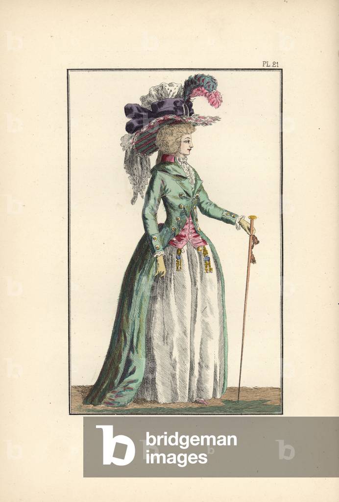 Woman in a silk redingote and straw hat with a cane in her hand.