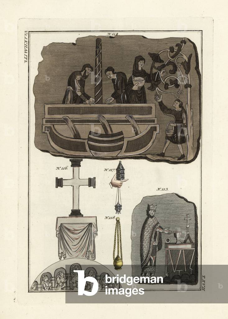 Anglo Saxon grape press 114, altars 115, 116, and censers (incense burners) 117, 118. Handcoloured copperplate engraving from Robert von Spalart's “” Historical Picture of the Costumes of the Principal People of Antiquity and of the Middle Ages,”” Chez Collignon, Metz, 1810.