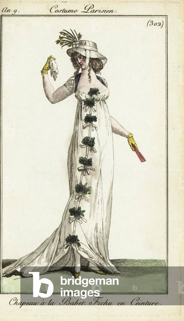 Fashionable woman or Merveilleuse in a low-cut dress, 1801 (handcoloured copperplate engraving)