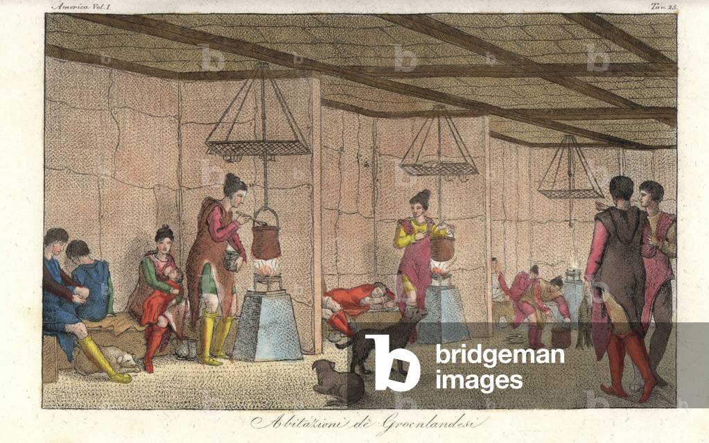 Interior of a communal Inuit house in Greenland, with families cooking, sleeping, and nursing babies. Handcoloured copperplate engraving by Sasso from Giulio Ferrario's Ancient and Modern Costumes of all the Peoples of the World, 1837.