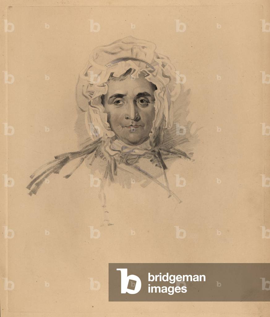 Portrait of Sir Thomas Lawrence’s mother Lucy Read close to death. In bonnet and high-neck dress. Hand-tinted engraving by Frederick Christian Lewis after an illustration by Sir Thomas Lawrence from P.G. Patmore’s Cabinet of Gems, Ackermann, London, 1837.