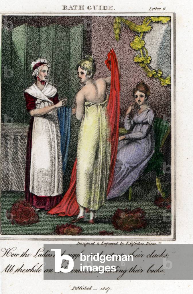 A young woman, dressed in a chiffon dress, apprehended to take a curative bath, a maid held a towel and another woman watched them (Bath, England) - Eau forte by Francis Eginton (1737-1805), from The New Bath Guide or Memories of the Blunderhead Family, published in 1807 - (Young fashionable woman dressing in muslin robe to take a healing spa in Regency Bath, an attendant holds a towel while another woman looks on - Handcoloured copperplate engraving by Francis Eginton from Christopher Anstey's “” The New Bath Guide,”” John Browne, 1807)
