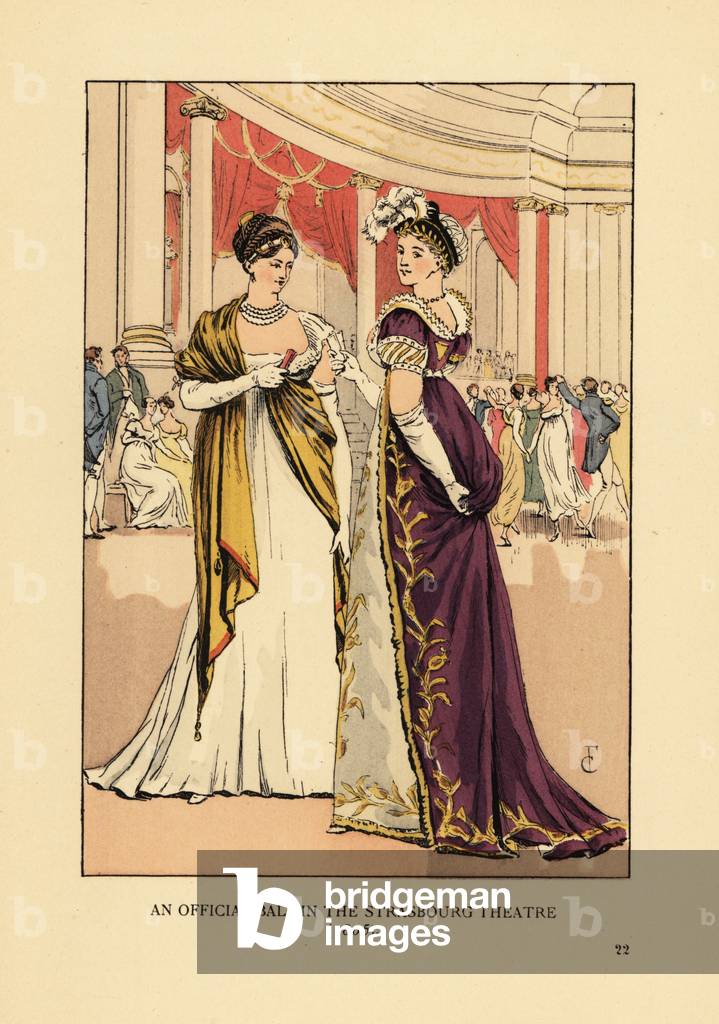 Fashionable women in ball gowns and turbans at a theater. An official ball in the Strasbourg Theatre, 1805. Guests dancing in the background. Handcoloured lithograph by R.V. after an illustration by Francois Courboin from Octave Uzanne’s Fashion in Paris, William Heinemann, London, 1898.