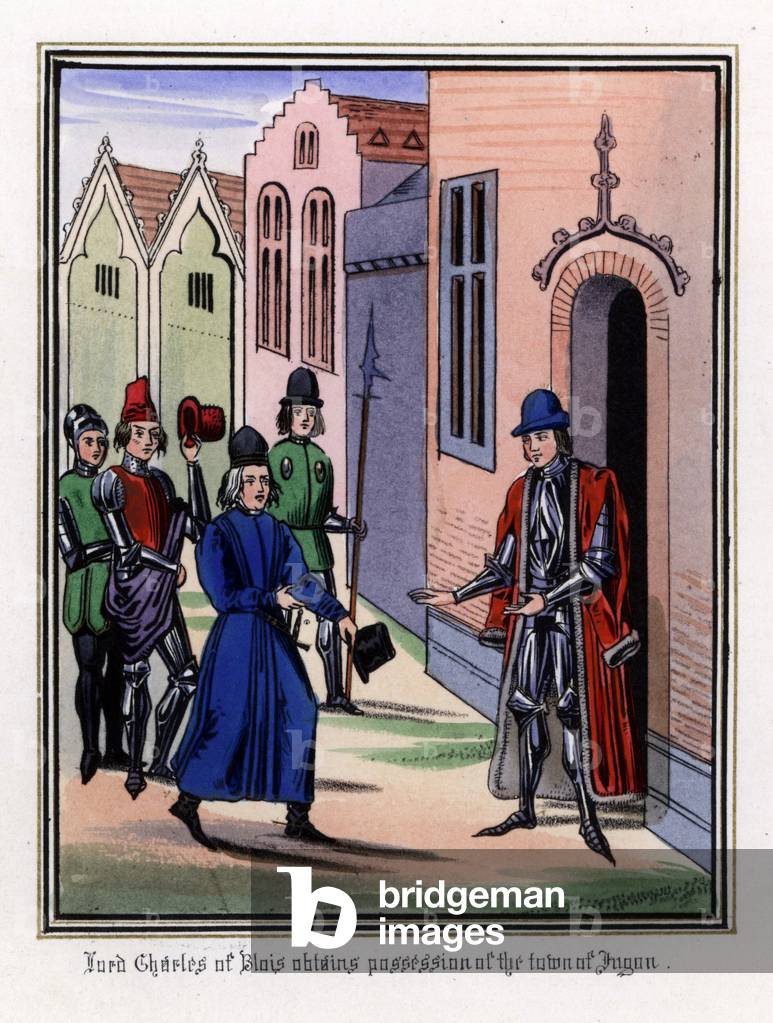 Charles de Blois, dit le Blessed (1319-1364), Duke of Brittany, takes possession of the town and castle of Jugon Les Lacs (Cotes d'Armor) in 1342 - Lithography after the enluminated manuscript of the Chronicles (1322 to 1400) by Jean (Jehan) Froissart (1337-1404), 1868 - Lord Charles of Blois, Duke of Brittany, takes possession of the town and castle of Jugon -Les Lacs, 1342- Handcoloured lithograph after an illuminated manuscript from Sir John Froissart's Chronicles, London, 1868