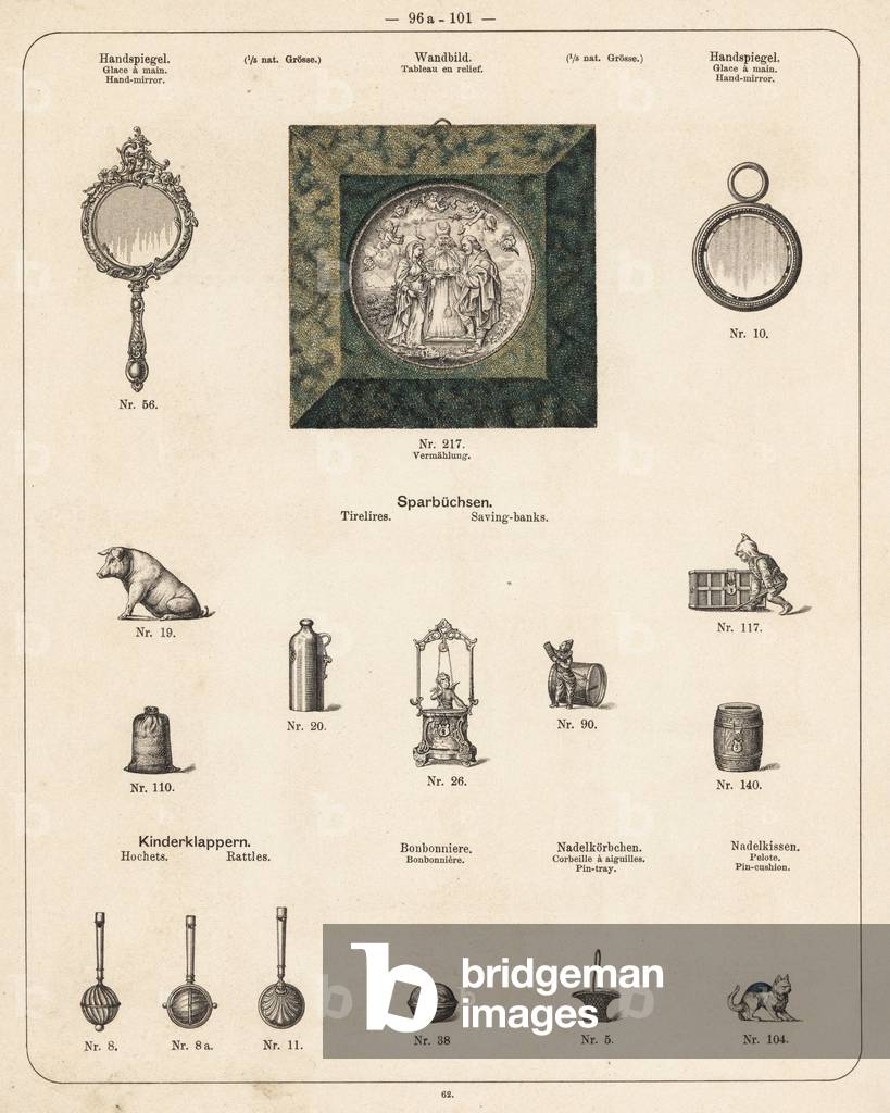 Catalog of metal products manufactured by Wuerttemberg Metalware Factory, Geislingen, Germany, 1896 - Hand mirror, rattle, pintray, pin cushion, saving bank, etc. Lithograph from a catalog of metal products manufactured by Wuerttemberg Metalware Factory, Geislingen, Germany, 1896.