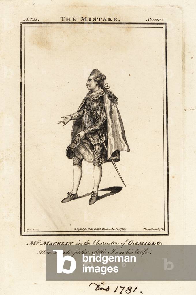 Mrs Maria Macklin in the character of Camillo in John Vanburghs The Mistake, Covent Garden Theatre, 1776