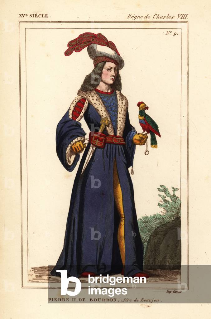 Pierre II de Bourbon, Sire de Beaujeu, Peter II of Bourbon, Regent of France 1438-1503. Handcoloured lithograph after a manuscript miniature in Roger de Gaignieres' portfolio VII 56 and 91 from Le Bibliophile Jacob aka Paul Lacroix's Costumes Historique de la France (Historical Costumes of France), Administration de Librairie, Paris, 1852.