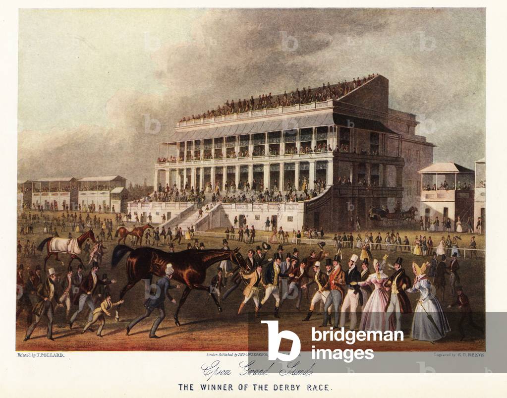 Bay Middleton, winner of the Derby 1836, being led to the paddock at Epsom Racecourse in front of fashionable crowds in the Grand Stand. Color print after an engraving by R.G. Reeve from a painting by James Pollard in Ralph Nevill’s Old Sporting Prints, The Connoisseur Magazine, London, 1908.