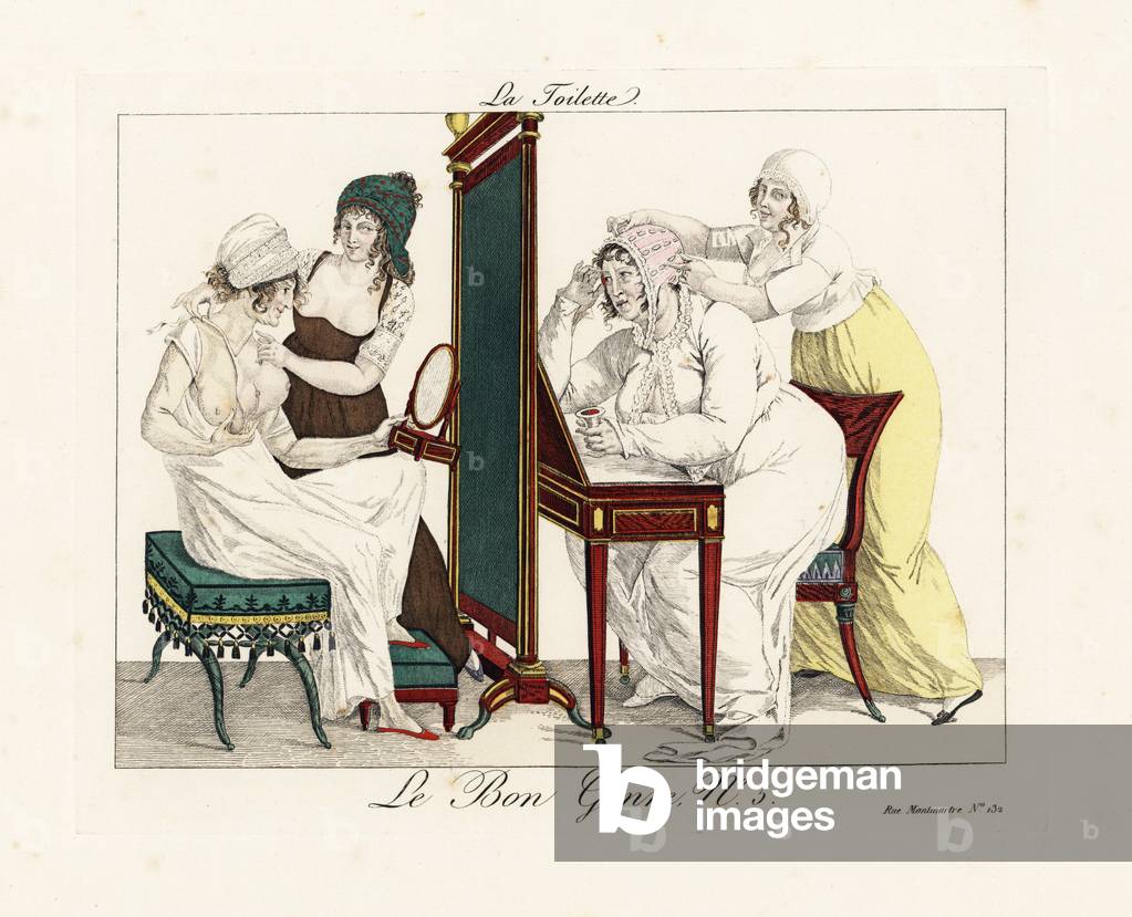 The toilet: Two young women help older women with baby bonnets and false bosoms - while giving knowing looks to the viewer. Women of 19 and 20 are in open war with women of a certain age (30). They adopt fashions that suit only them, such as flat bonnets and childish caps.” Handcoloured engraving from Pierre de la Mesanger's Le Bon Genre, Paris, 1817.
