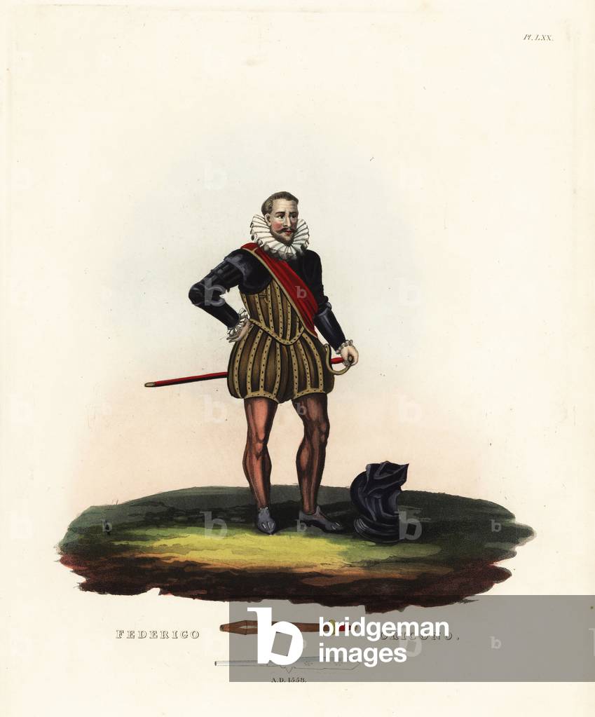 Federigo Oricono, 1558. In a suit of armour with silk surcoat in plush covering the breastplate and backplate, sleeve armour pauldrons and elbow pieces, and slops or wide breeches. Helmet on the ground. Tournament baton and want-blade at bottom. Handcoloured lithograph by Maddocks after an illustration by S.R. Meyrick from Sir Samuel Rush Meyrick's A Critical Inquiry into Antient Armour.